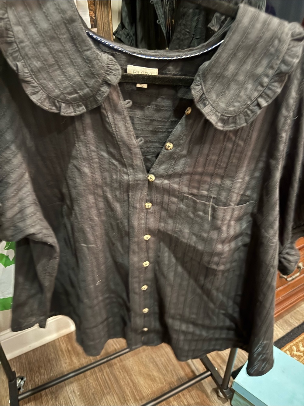 Pilcro Black Button-Front Women's Shirt with Rounded Collar